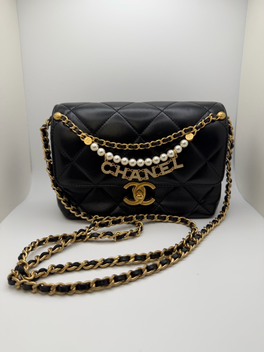 CHANEL Black Quilted Leather mini Flap with Gold Chain- Chip-FULL SET
